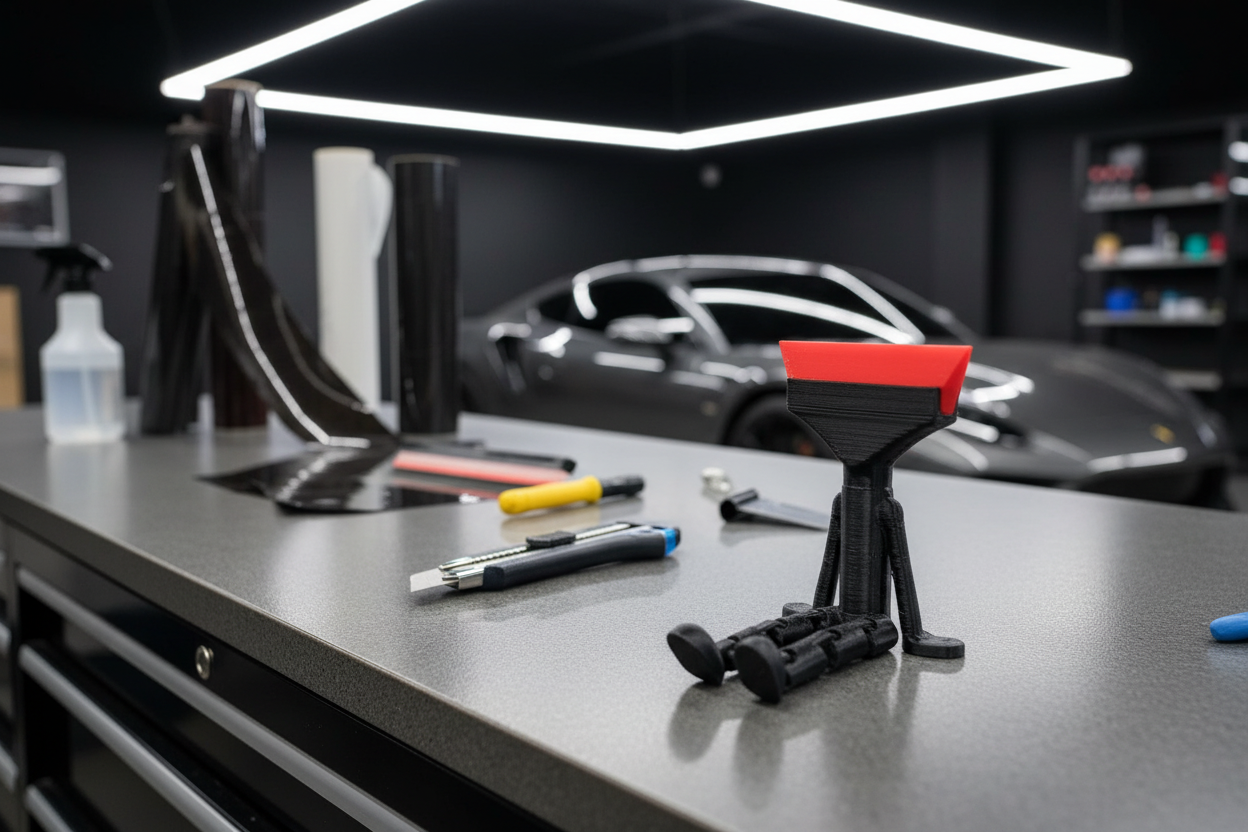 The Original Squeegee Buddy with red blade in automotive tinting shop